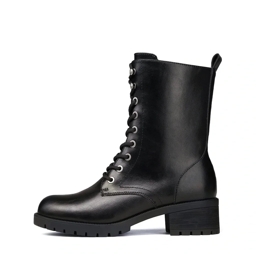 Dream Pairs NWOB Lace Up Lug Sole Mid Calf Black Winter Military Combat Boots - Picture 2 of 5
